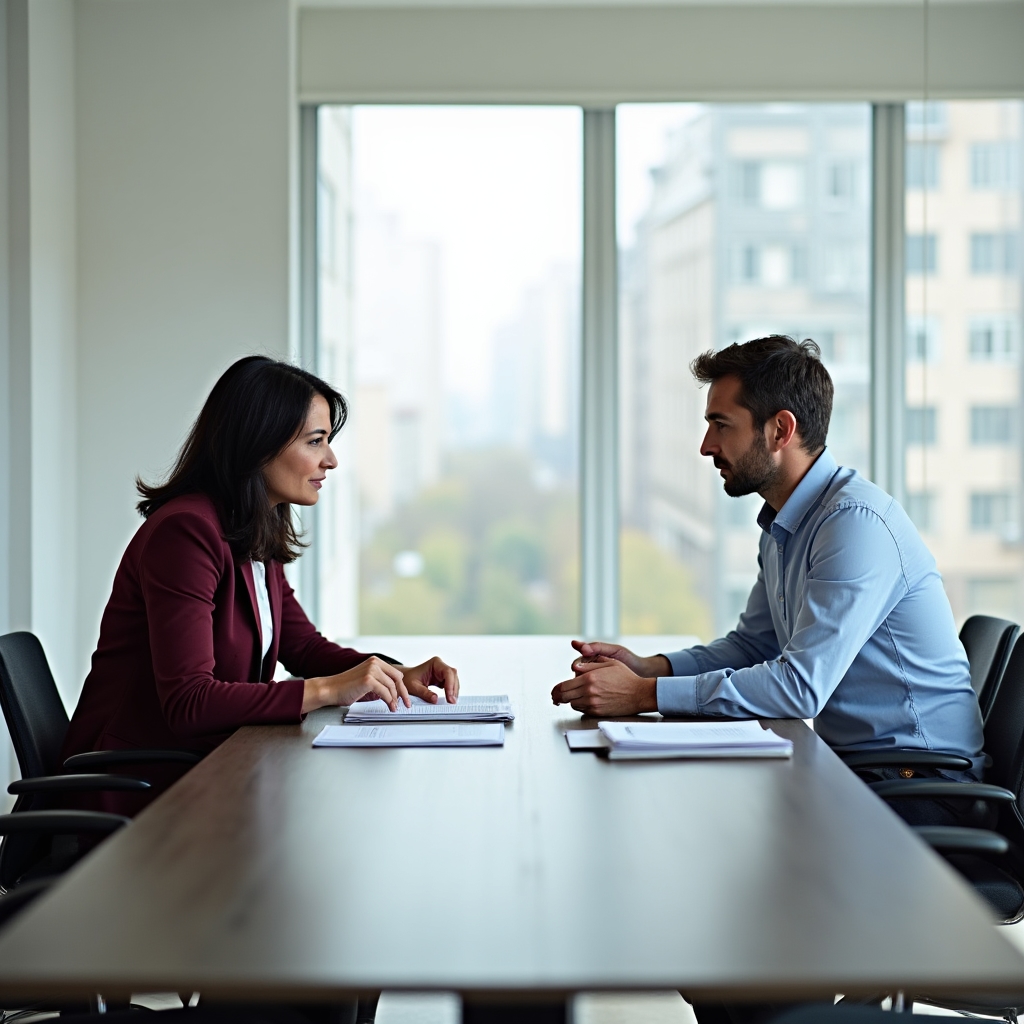 Two professionals in a thoughtful discussion at a modern Bucharest office, reviewing documents