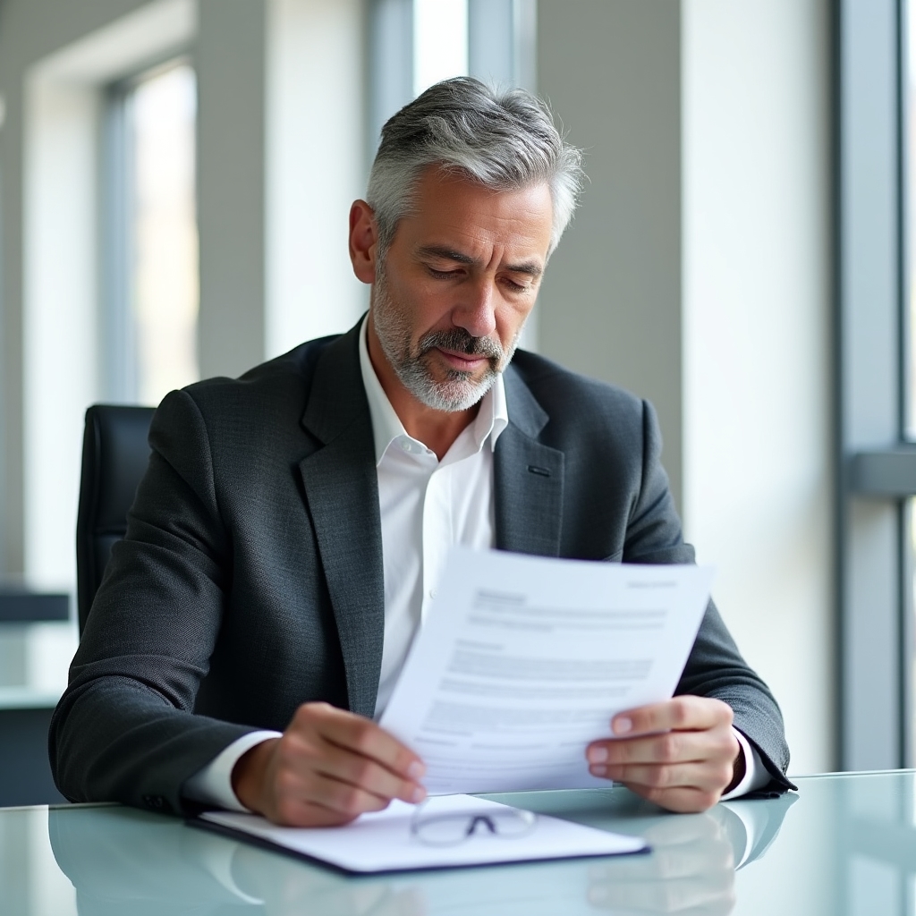 Professional carefully reading a contract document at a desk, focused expression, clean modern office background with soft lighting