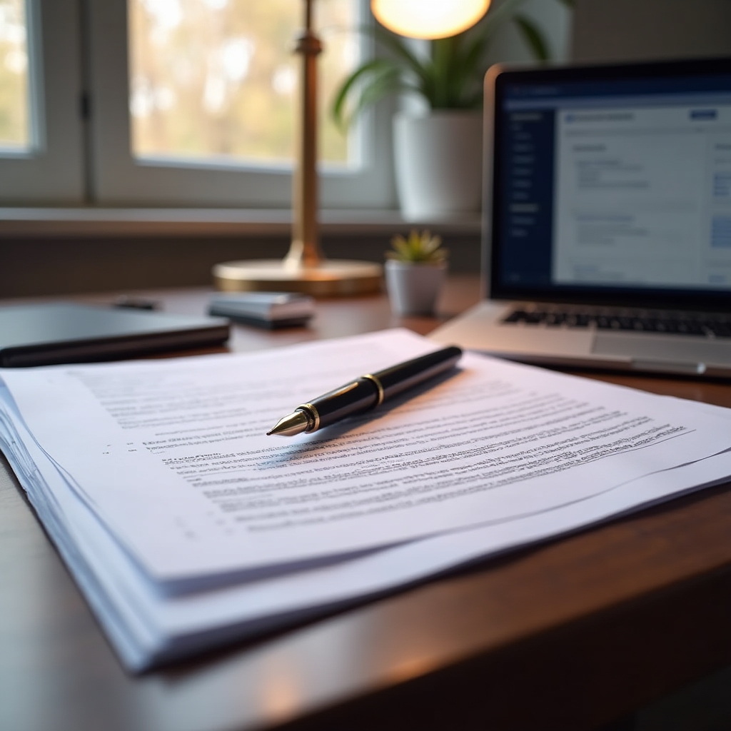 Close-up of legal documents and a laptop showing PFA registration information, professional setting with warm desk lighting