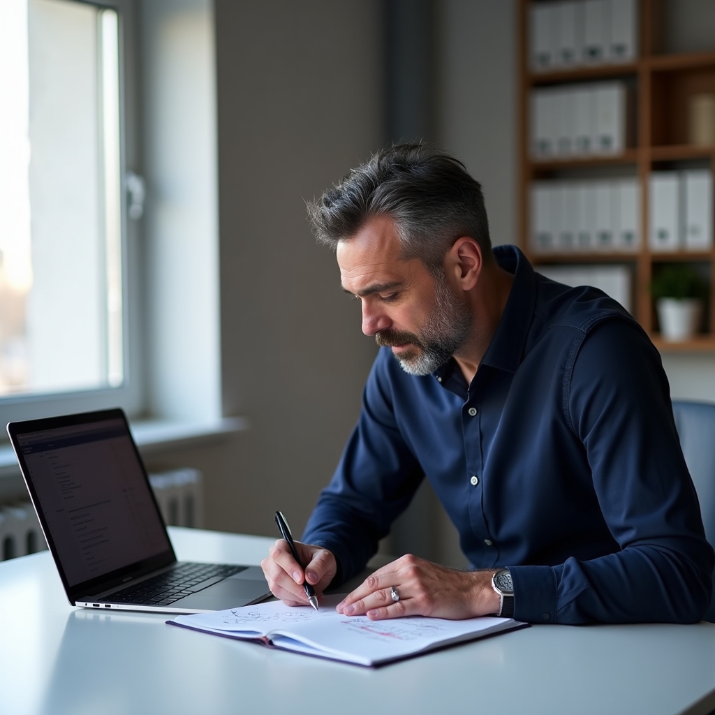 Professional at desk planning additional income streams with notebook and laptop